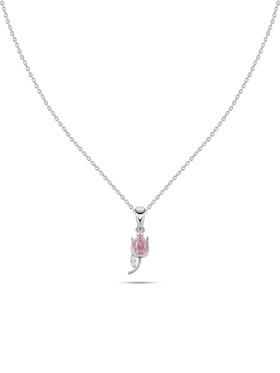 Tulip Pink CZ Stone Silver Necklace for Women