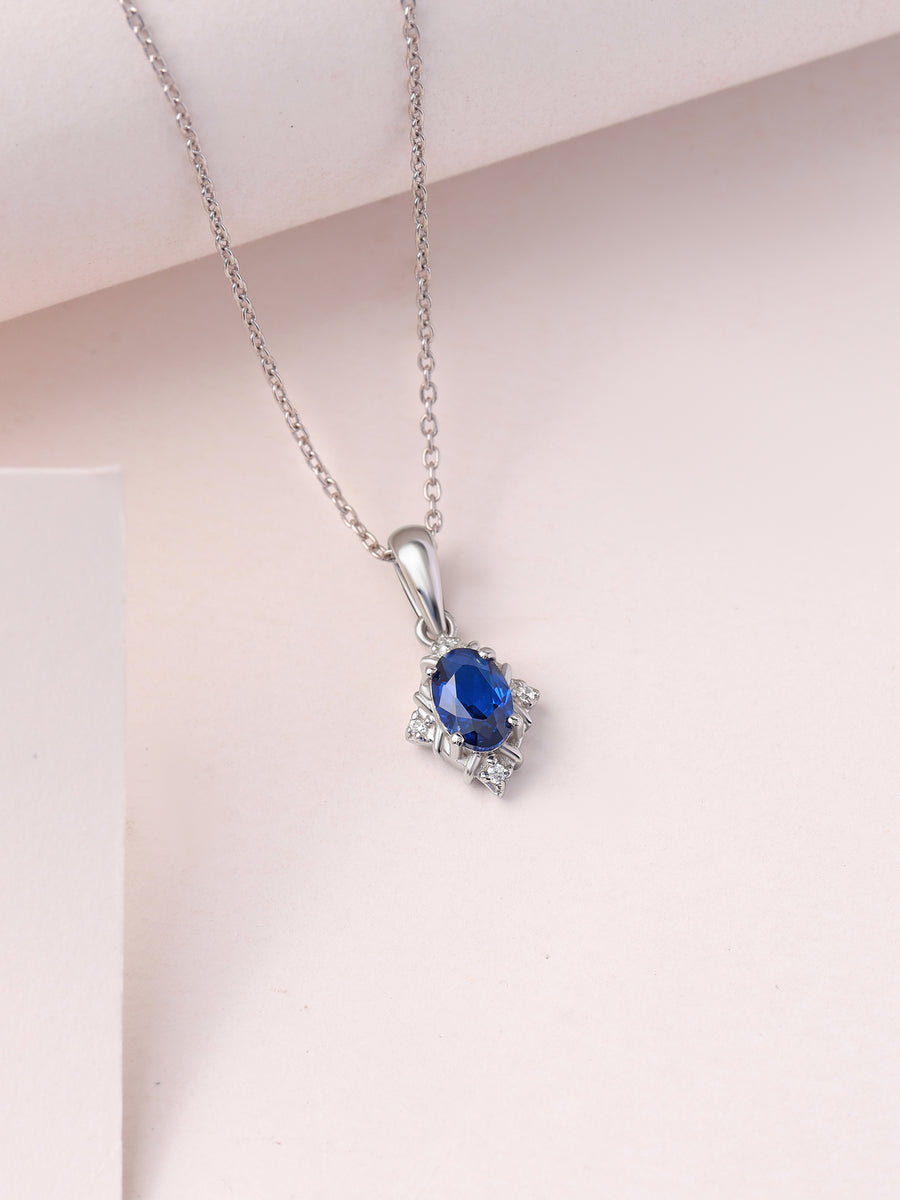 Vintage Halo Blue Sapphire Silver Necklace for Women