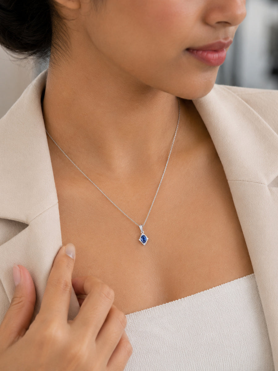 Vintage Halo Blue Sapphire Silver Necklace for Women