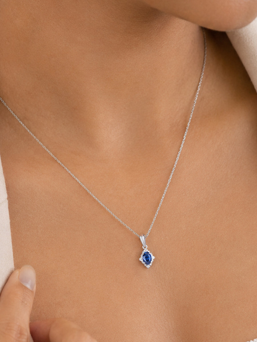 Vintage Halo Blue Sapphire Silver Necklace for Women