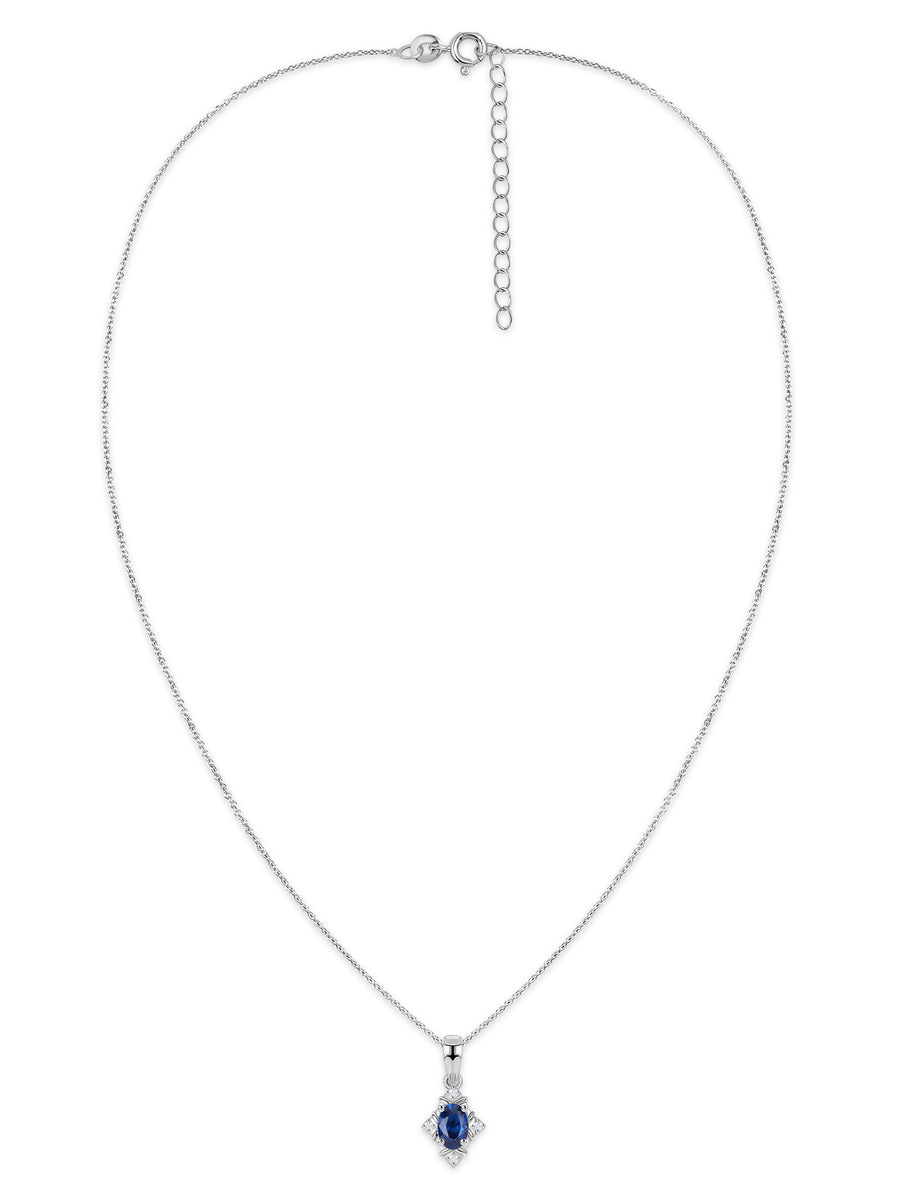 Vintage Halo Blue Sapphire Silver Necklace for Women