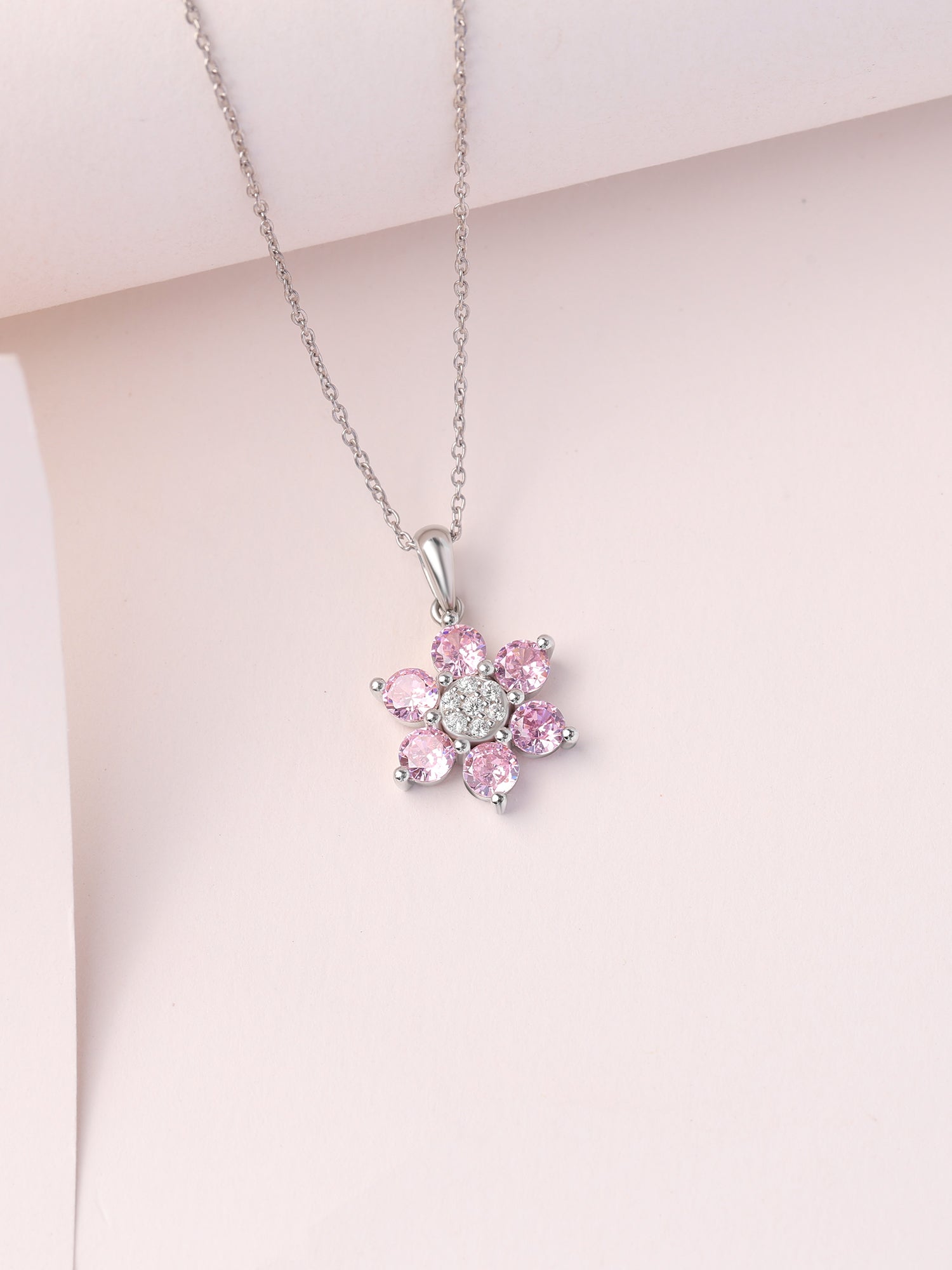 Flower Cluster Pink CZ Silver Necklace for Women