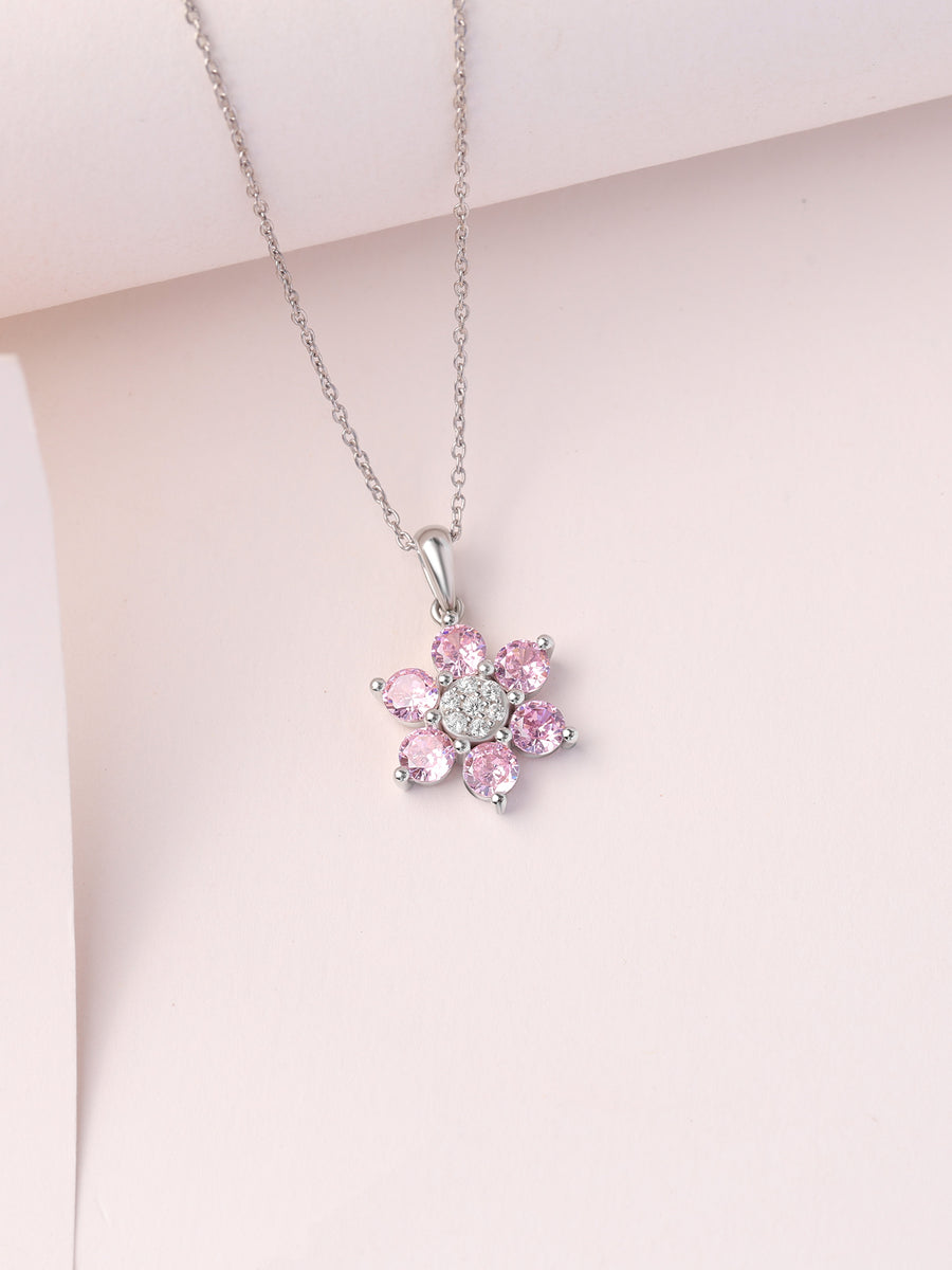 Flower Cluster Pink CZ Silver Necklace for Women