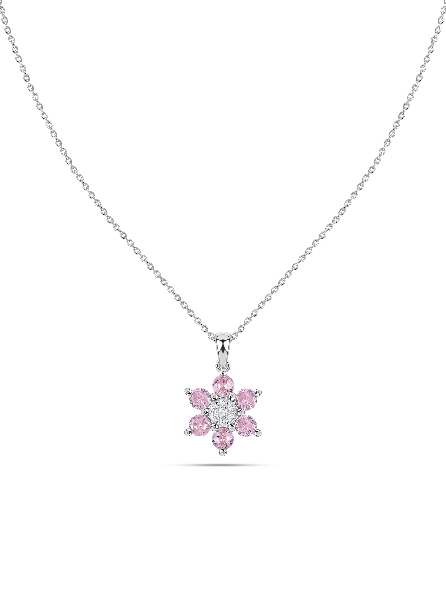 Flower Cluster Pink CZ Silver Necklace for Women