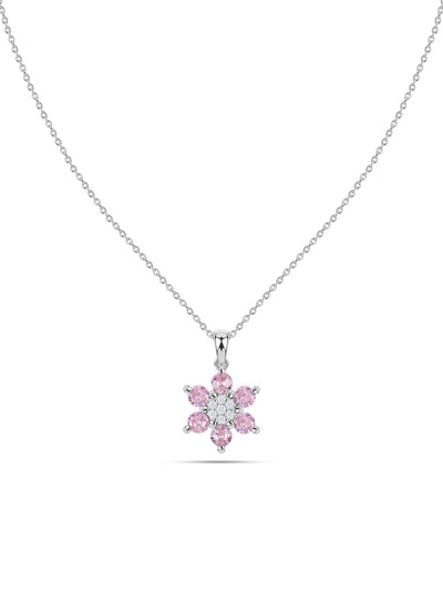 Flower Cluster Pink CZ Silver Necklace for Women