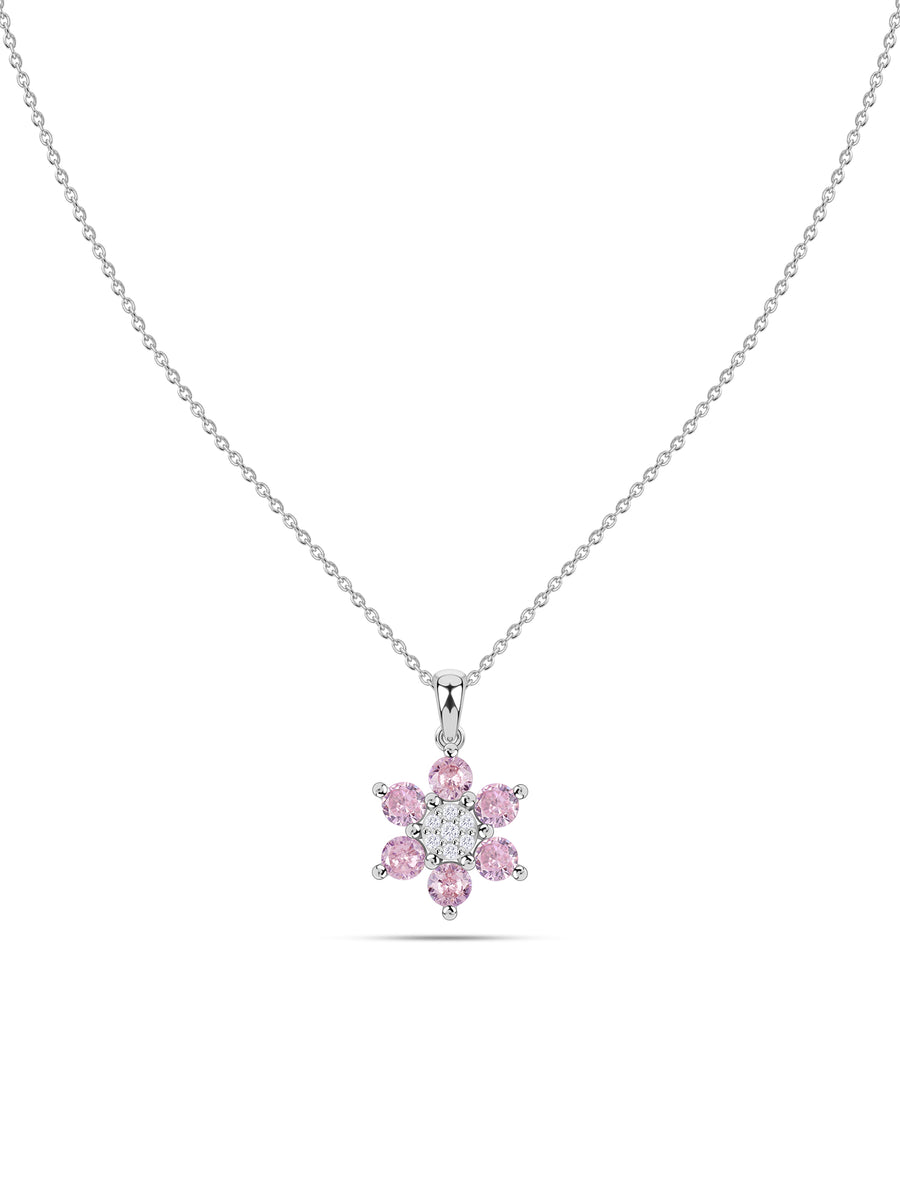 Flower Cluster Pink CZ Silver Necklace for Women