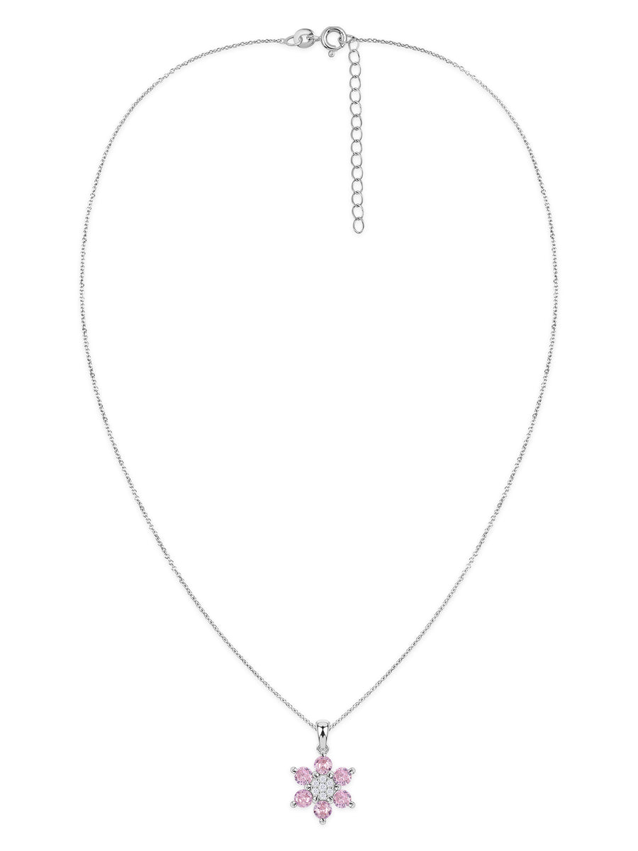 Flower Cluster Pink CZ Silver Necklace for Women