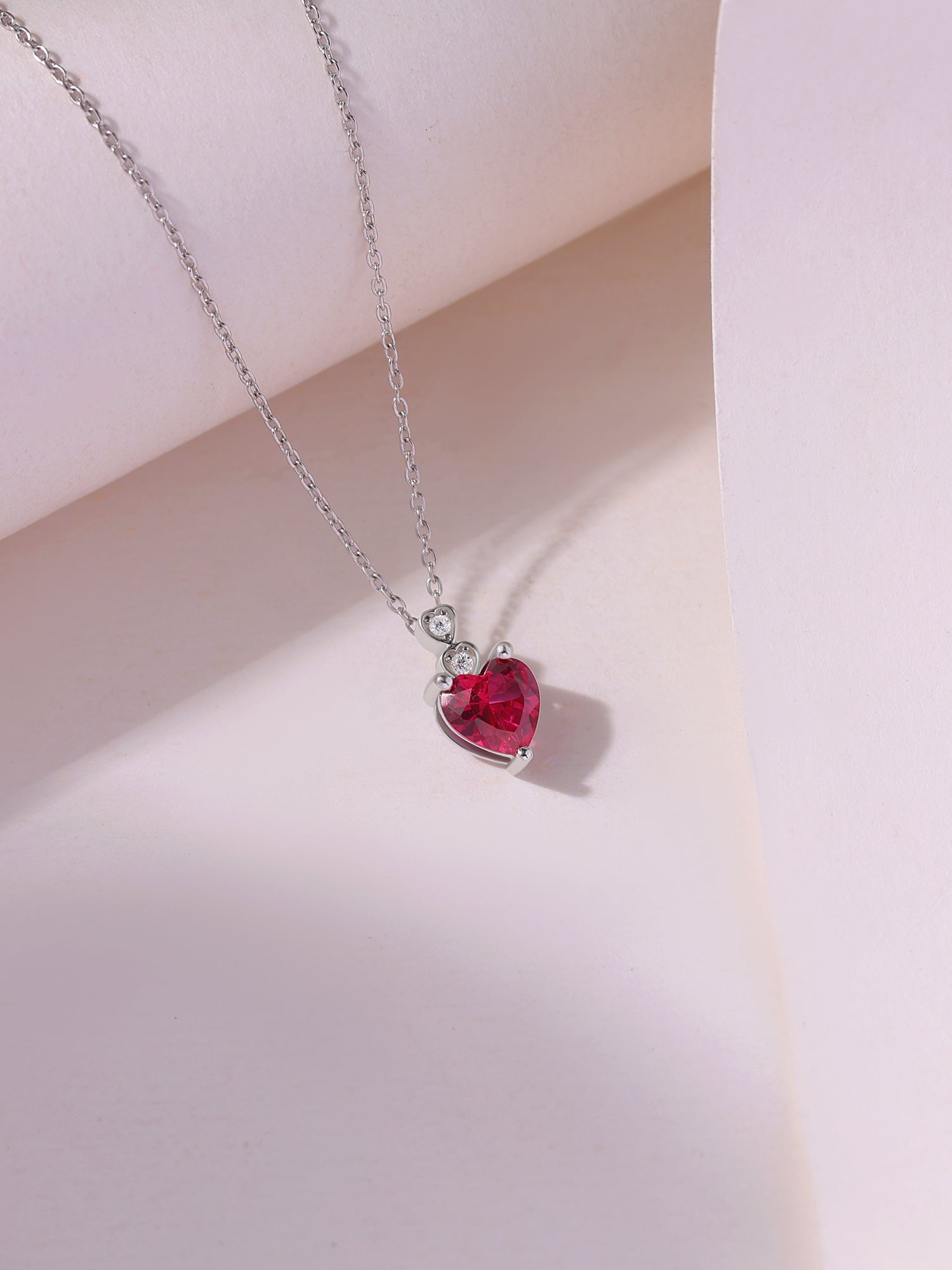 Red Ruby CZ Silver Heart Necklace for Women