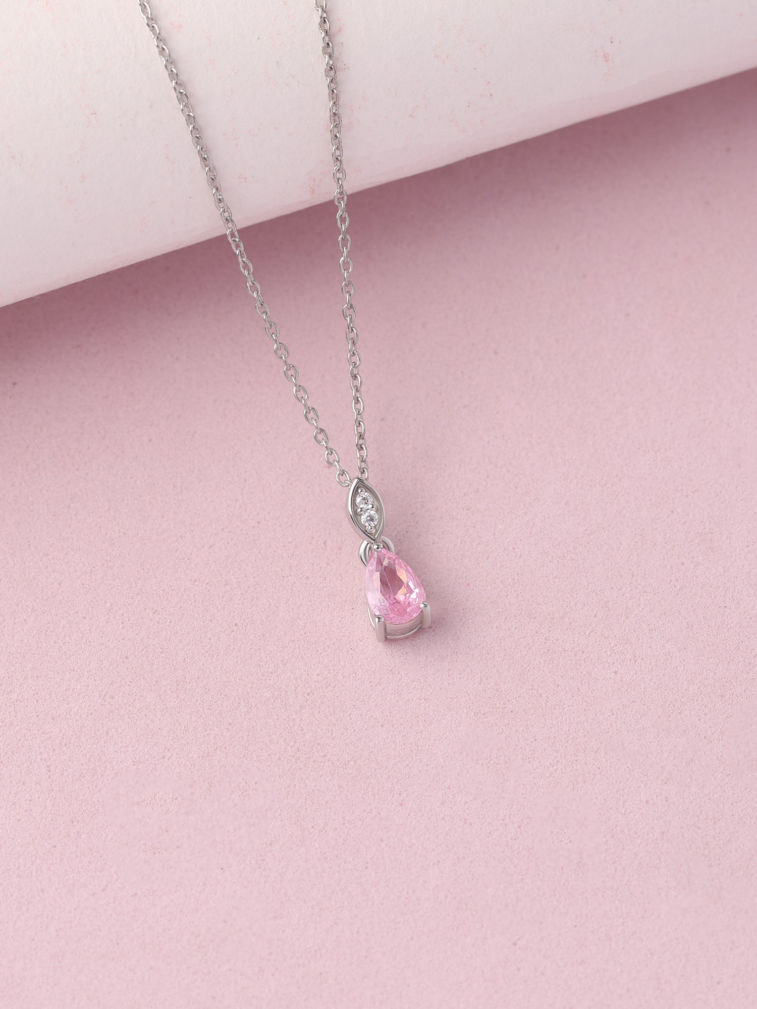 Pear Drop Pink CZ Stone Silver Necklace for Women