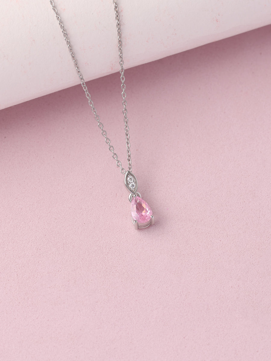 Pear Drop Pink CZ Stone Silver Necklace for Women