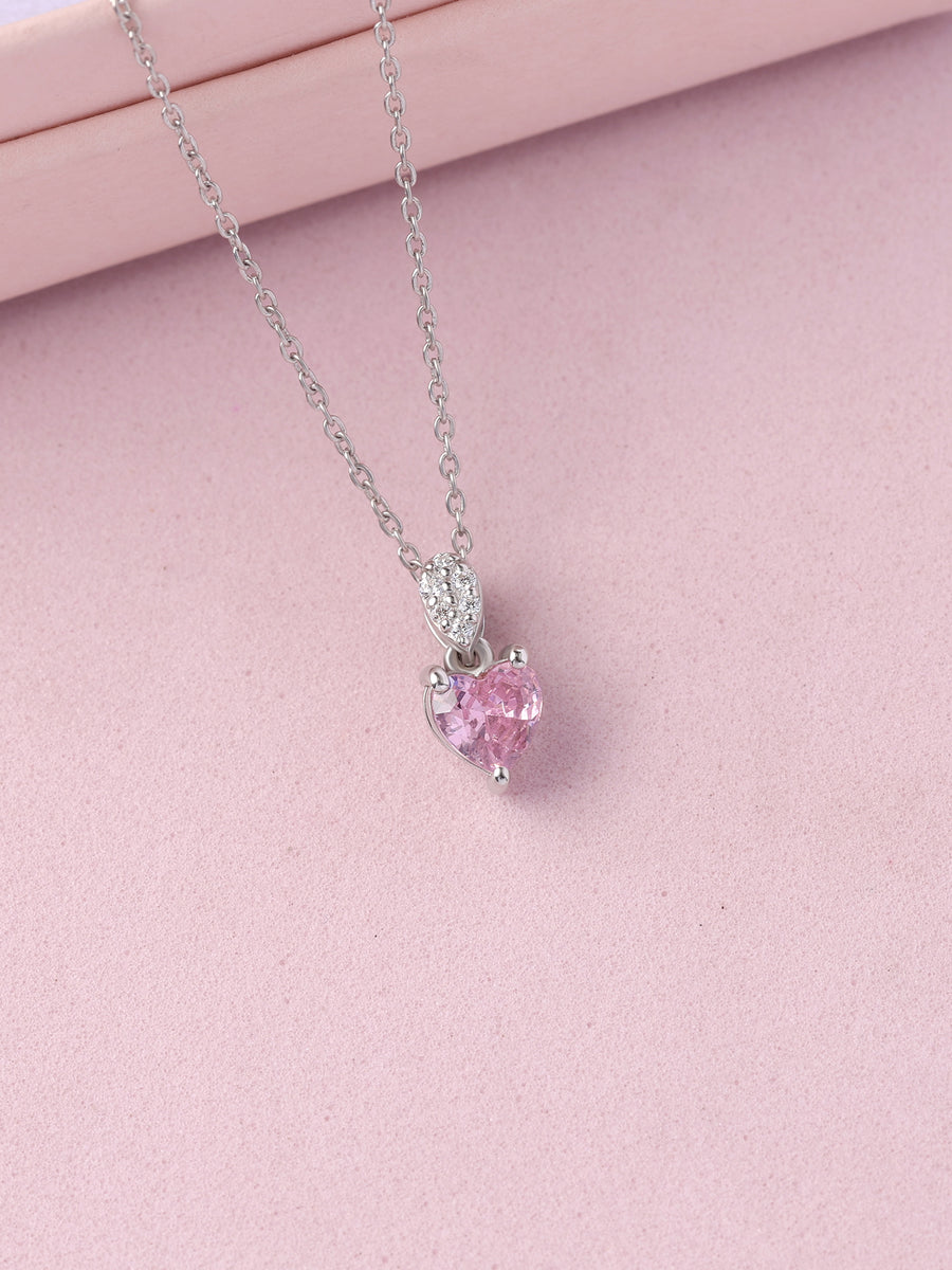 Pink CZ Heart Silver Solitaire Necklace for Women