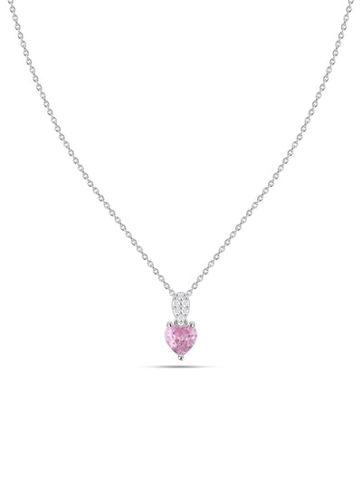 Pink CZ Heart Silver Solitaire Necklace for Women