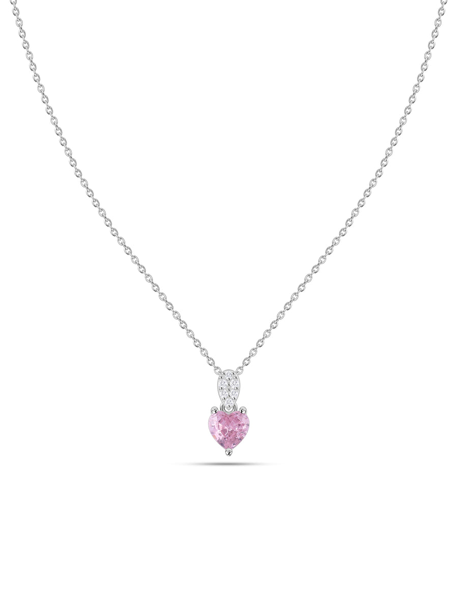 Pink CZ Heart Silver Solitaire Necklace for Women
