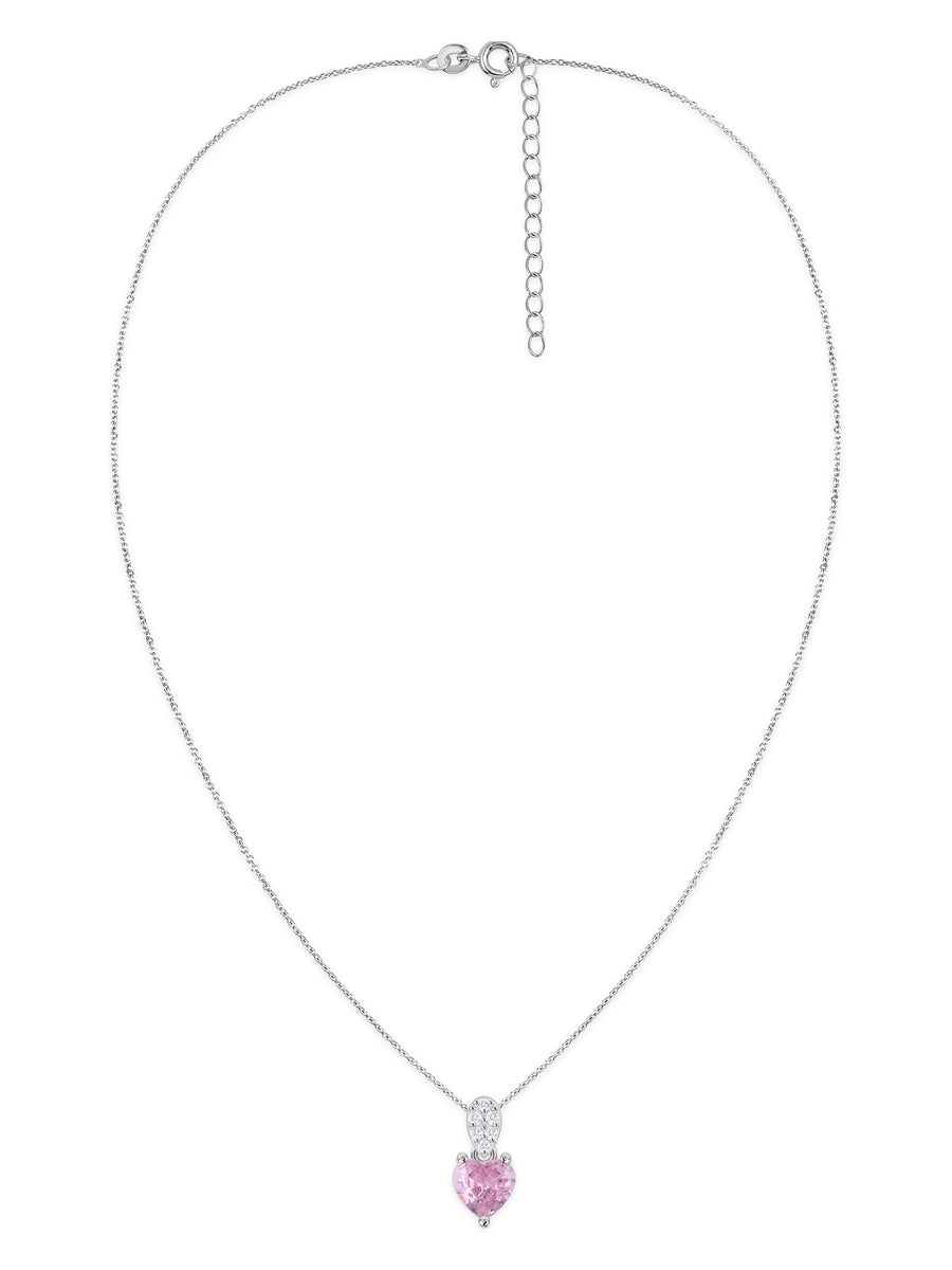Pink CZ Heart Silver Solitaire Necklace for Women