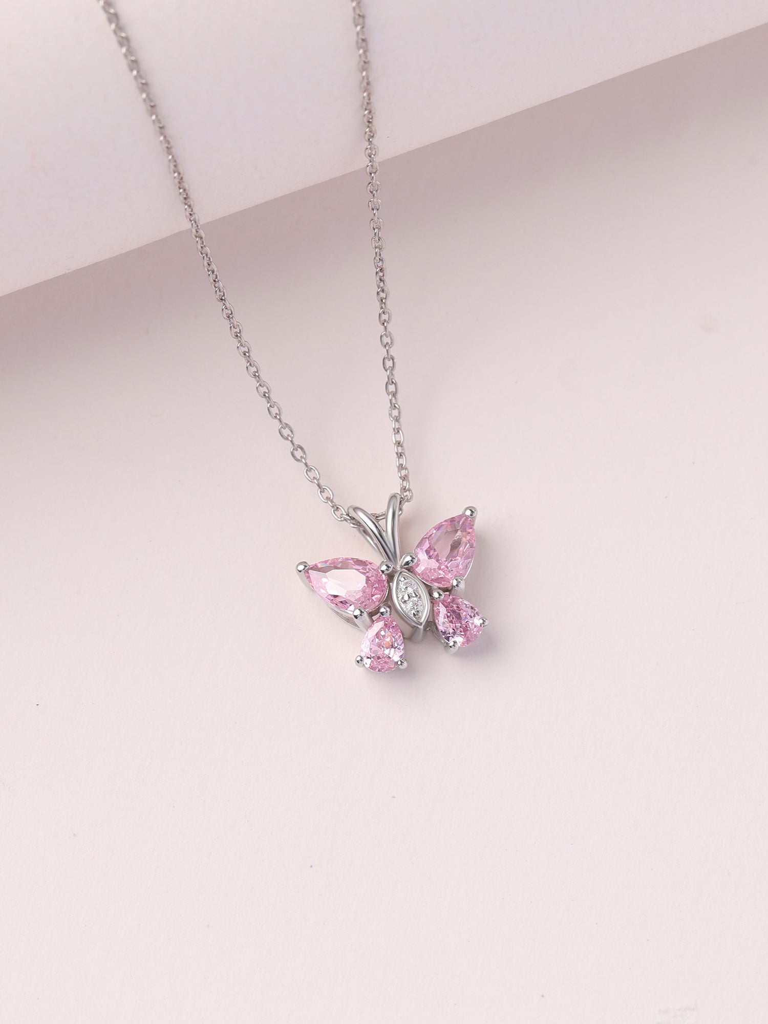 Butterfly Pink CZ Stone Silver Necklace for Women