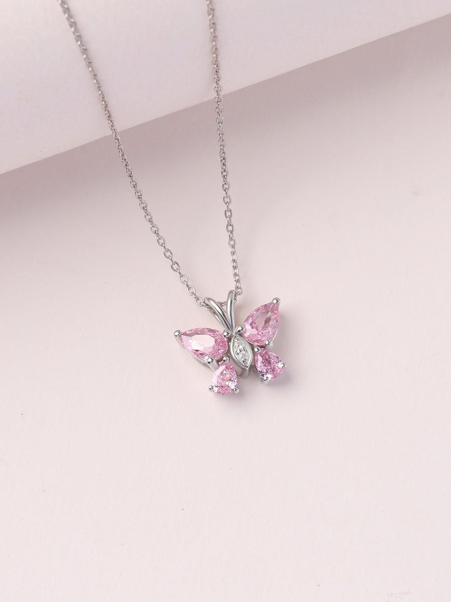 Butterfly Pink CZ Stone Silver Necklace for Women