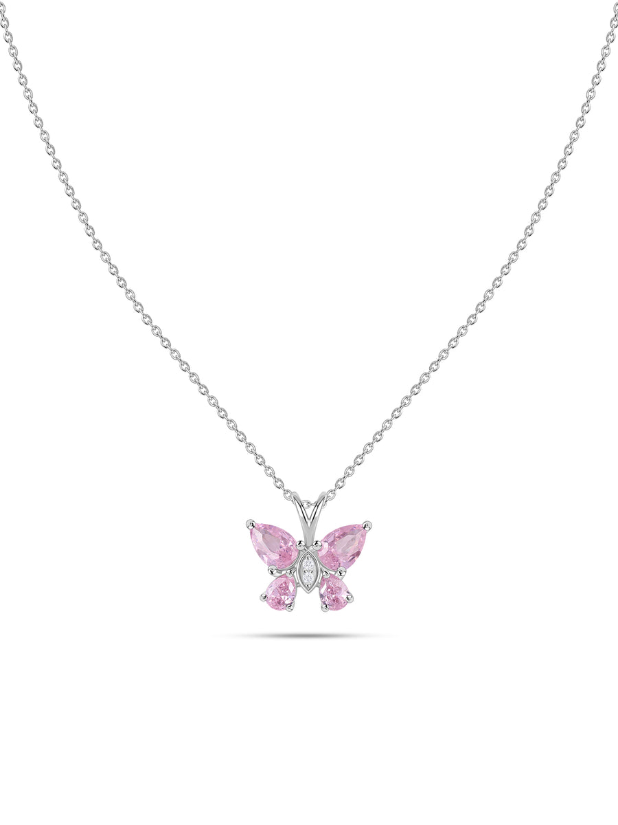 Butterfly Pink CZ Stone Silver Necklace for Women
