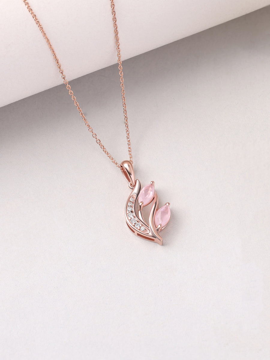 Rose Quartz Botanical Silver Rose Gold Plated Pendant with Chain