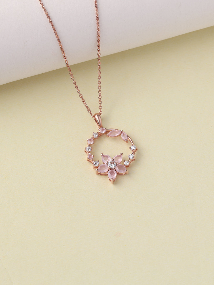 Rose Quartz Floral Halo Silver Rose Gold Plated Pendant with Chain