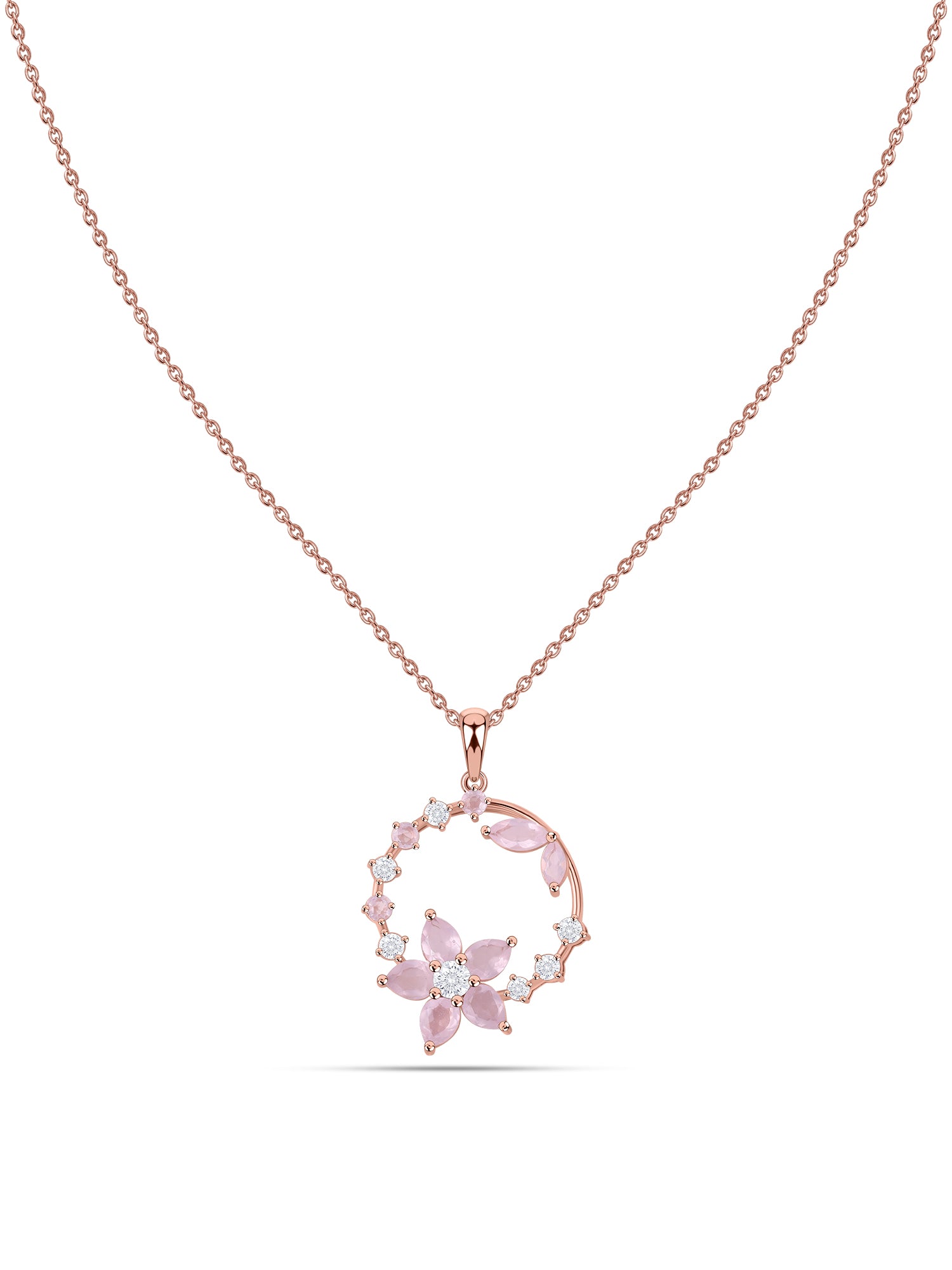 Rose Quartz Floral Halo Silver Rose Gold Plated Pendant with Chain