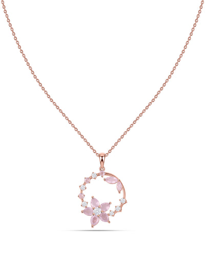 Rose Quartz Floral Halo Silver Rose Gold Plated Pendant with Chain