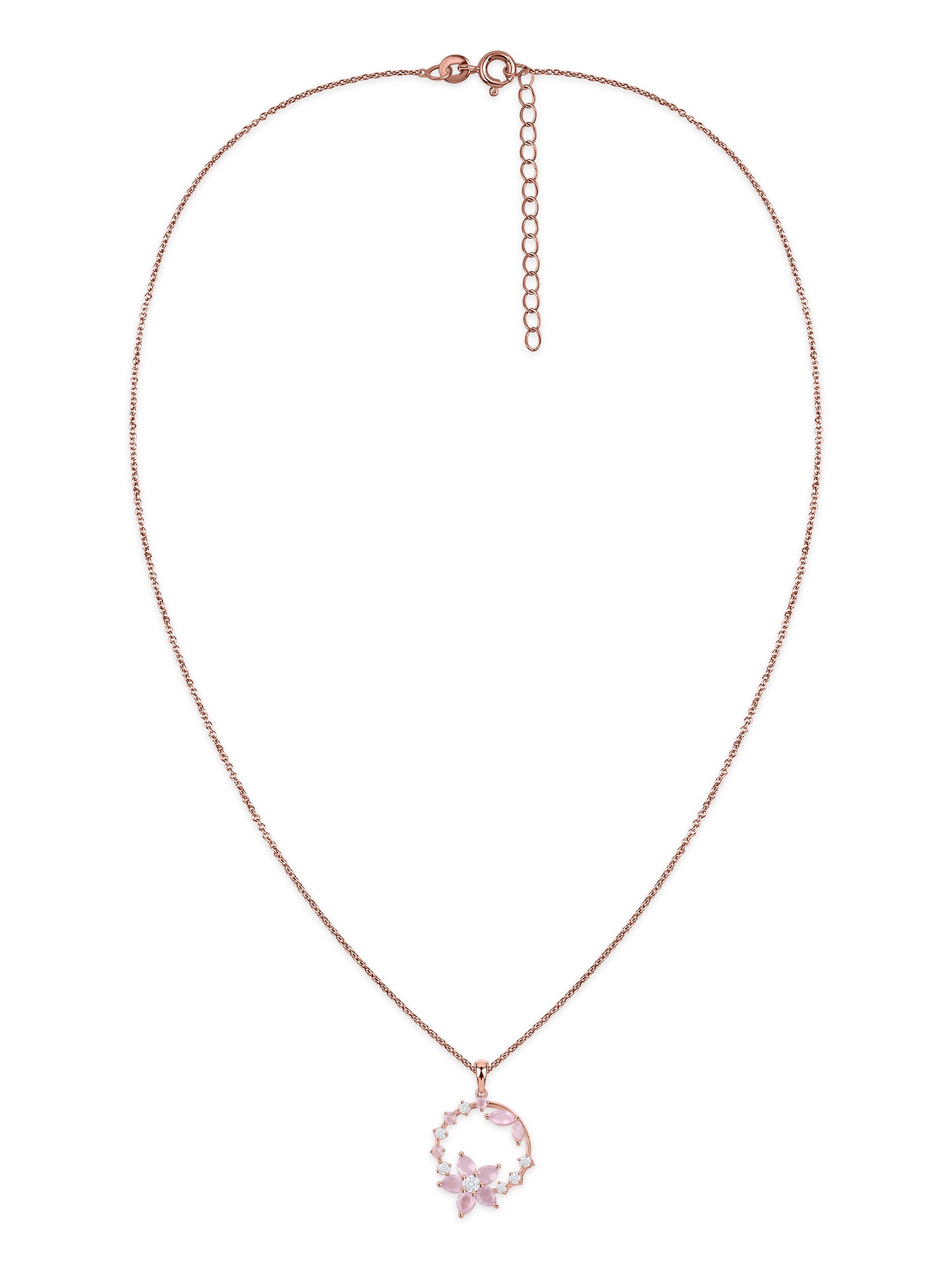 Rose Quartz Floral Halo Silver Rose Gold Plated Pendant with Chain