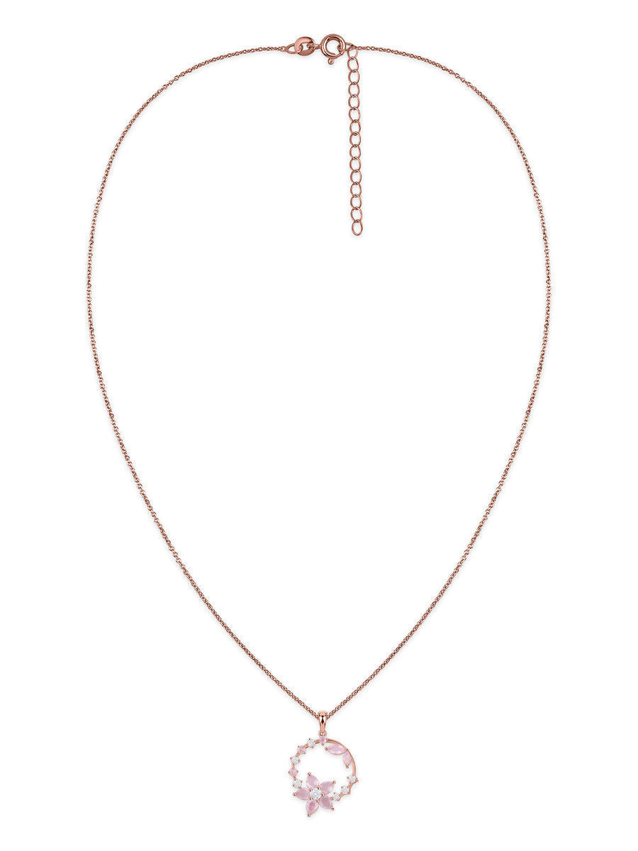 Rose Quartz Floral Halo Silver Rose Gold Plated Pendant with Chain