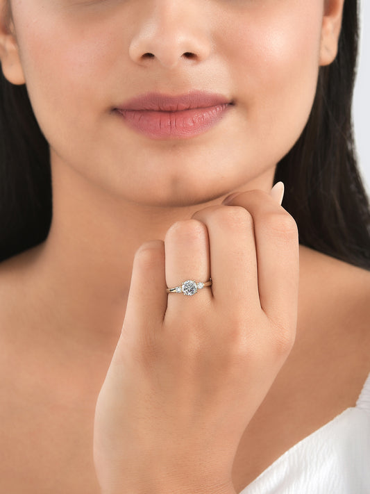 3 Stone Diamond Look Gold Plated Adjustable Silver Ring for Women with model