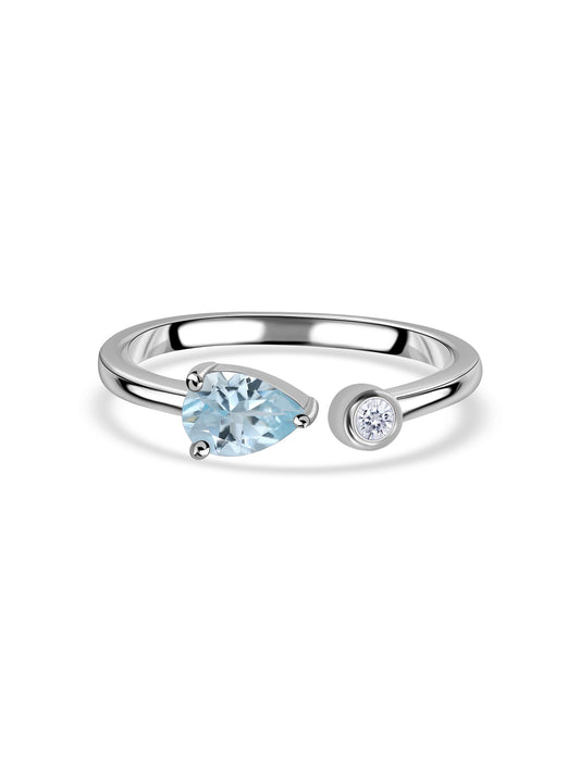 Natural Aquamarine Open Wrap Silver Ring with Topaz Accent