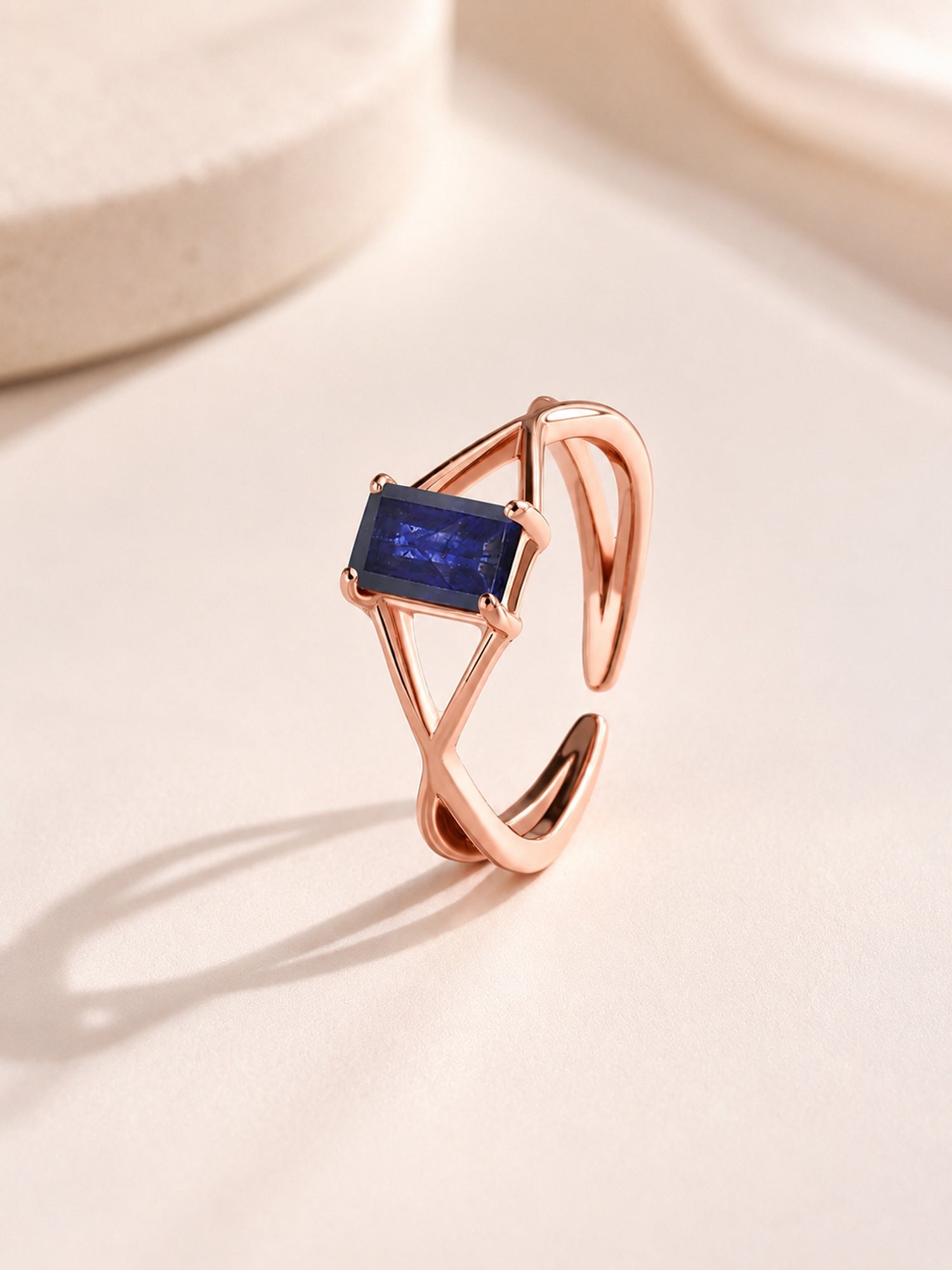 Natural Blue Sapphire Modern Octagon Rose Gold Plated Ring