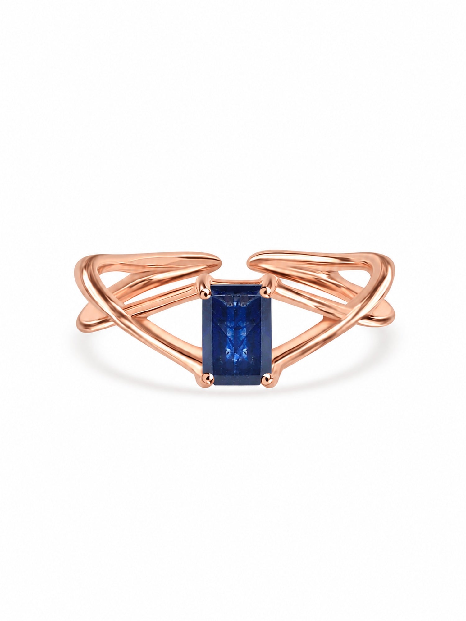 Natural Blue Sapphire Modern Octagon Rose Gold Plated Ring