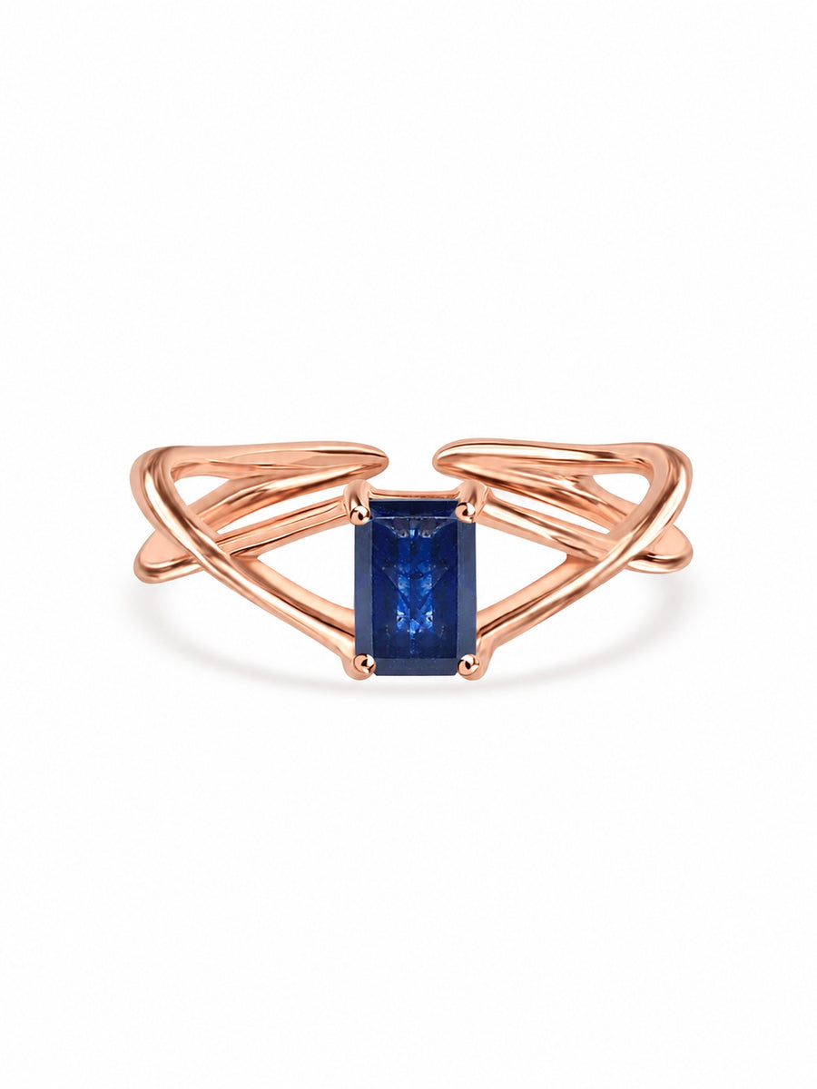 Natural Blue Sapphire Modern Octagon Rose Gold Plated Ring