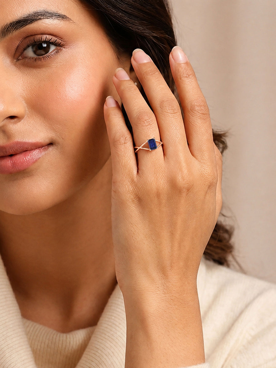 Natural Blue Sapphire Modern Octagon Rose Gold Plated Ring