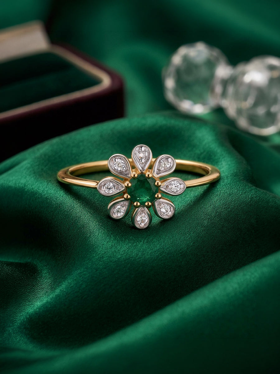 Natural Emerald Flora Ring With Zirconia