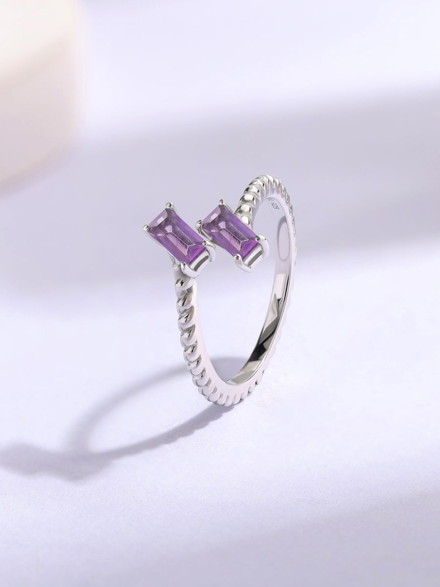 Natural Amethyst Sleek Silver Baguette Ring