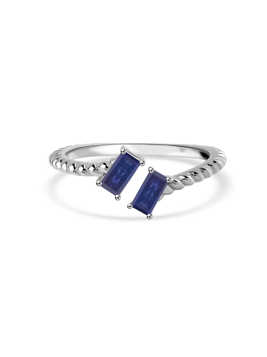 Natural Blue Sapphire Sleek Silver Baguette Ring