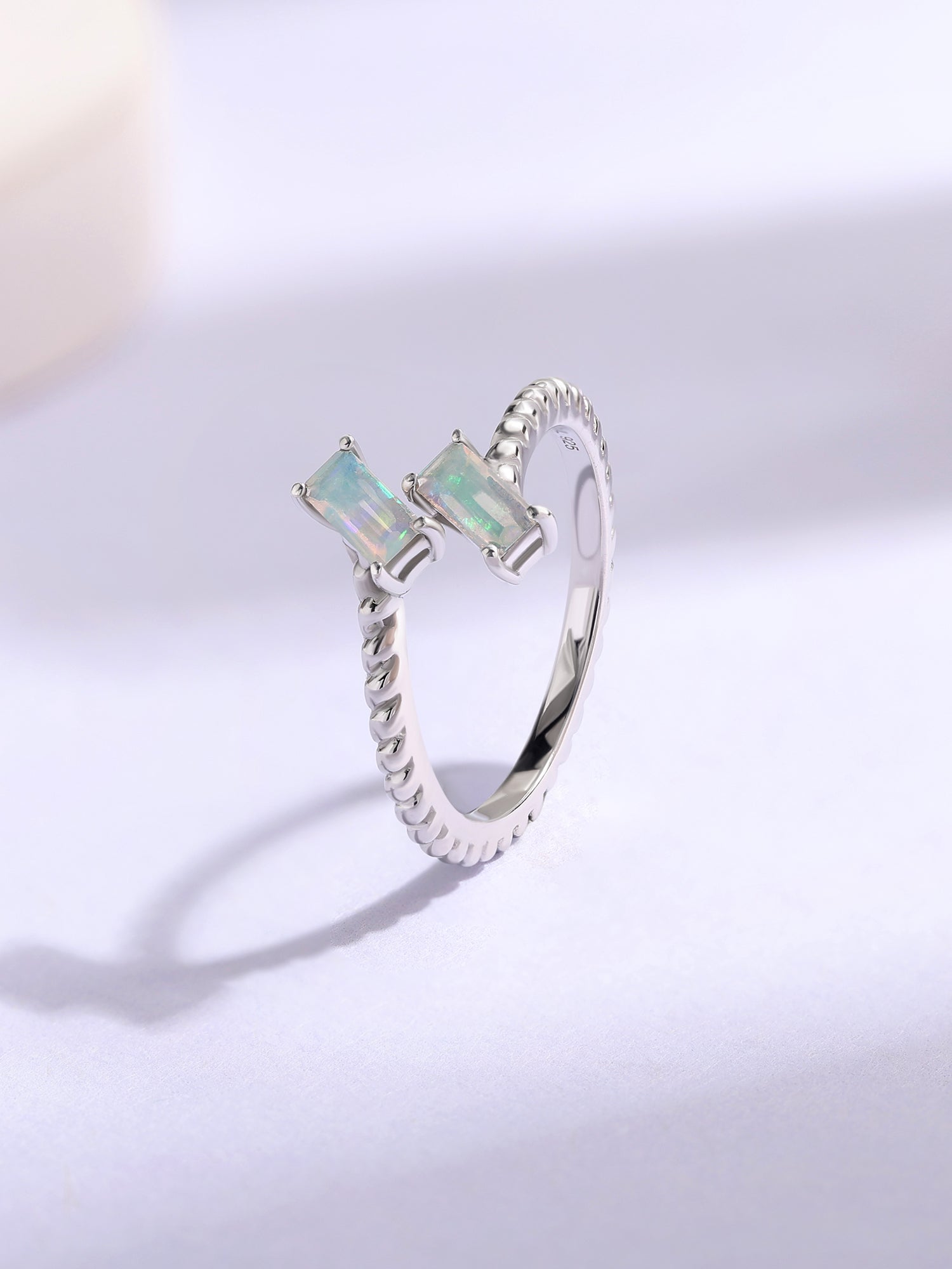 Natural Ethiopian Opal Sleek Silver Baguette Ring