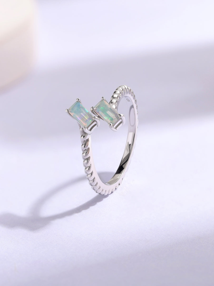 Natural Ethiopian Opal Sleek Silver Baguette Ring
