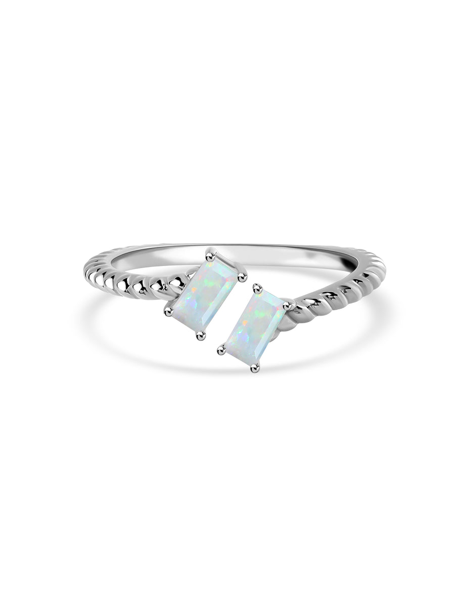 Natural Ethiopian Opal Sleek Silver Baguette Ring