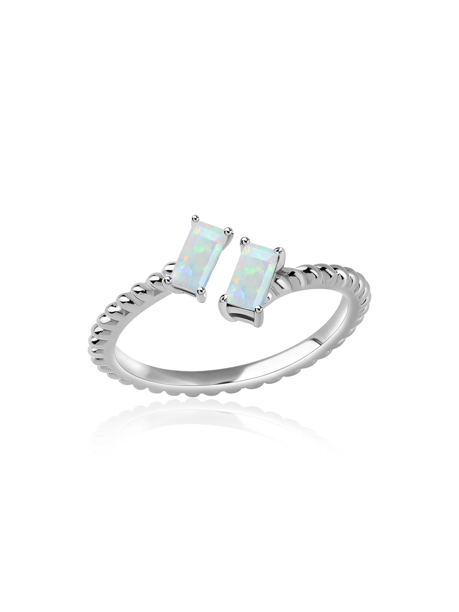 Natural Ethiopian Opal Sleek Silver Baguette Ring