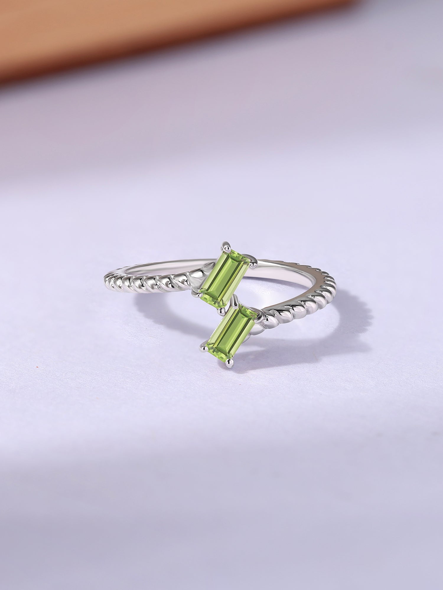 Natural Peridot Sleek Silver Baguette Ring