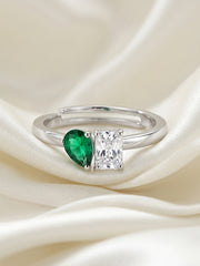 Green Emerald Toi Et Moi Silver Ring