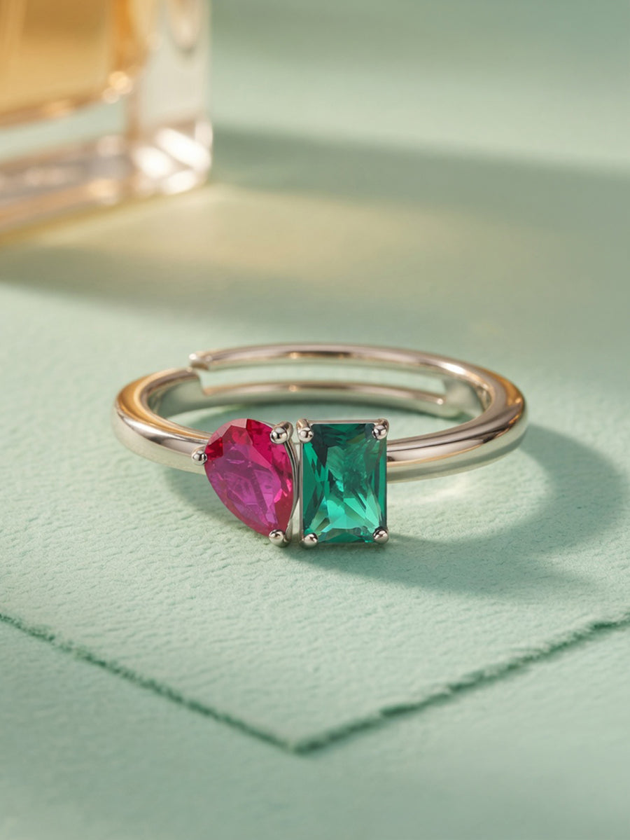 Ruby Emerald Toi Et Moi Silver Adjustable Ring