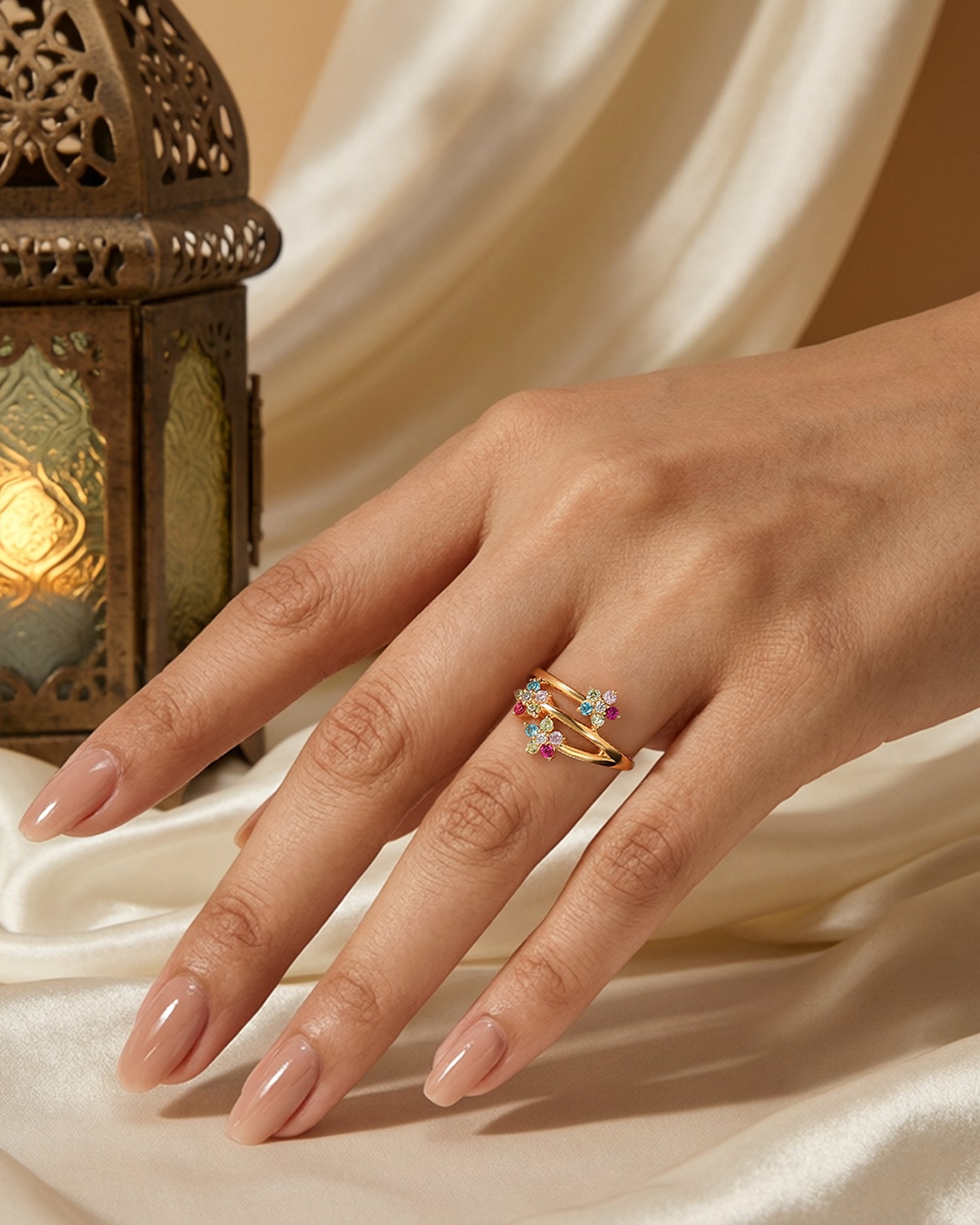 Rainbow Bloom Multi Stone Silver Ring