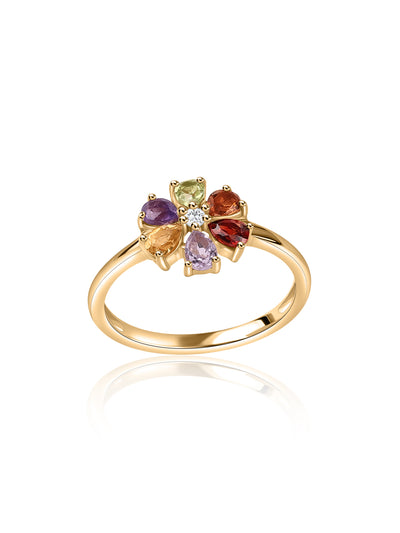 Petal Harmony Natural Multi-Gemstone Gold Plated Ring for Women