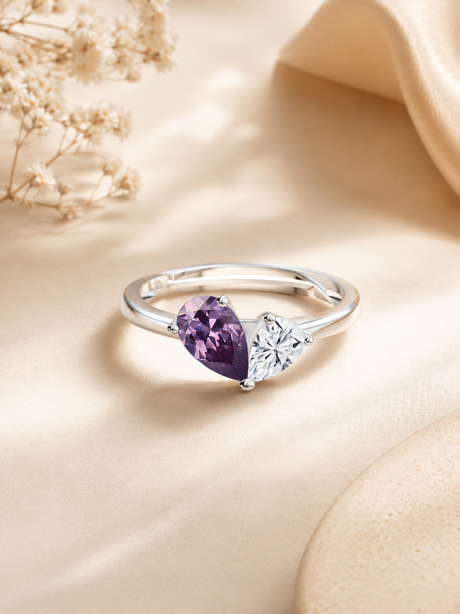 Pear Purple Amethyst CZ Toi Et Moi Adjustable Ring