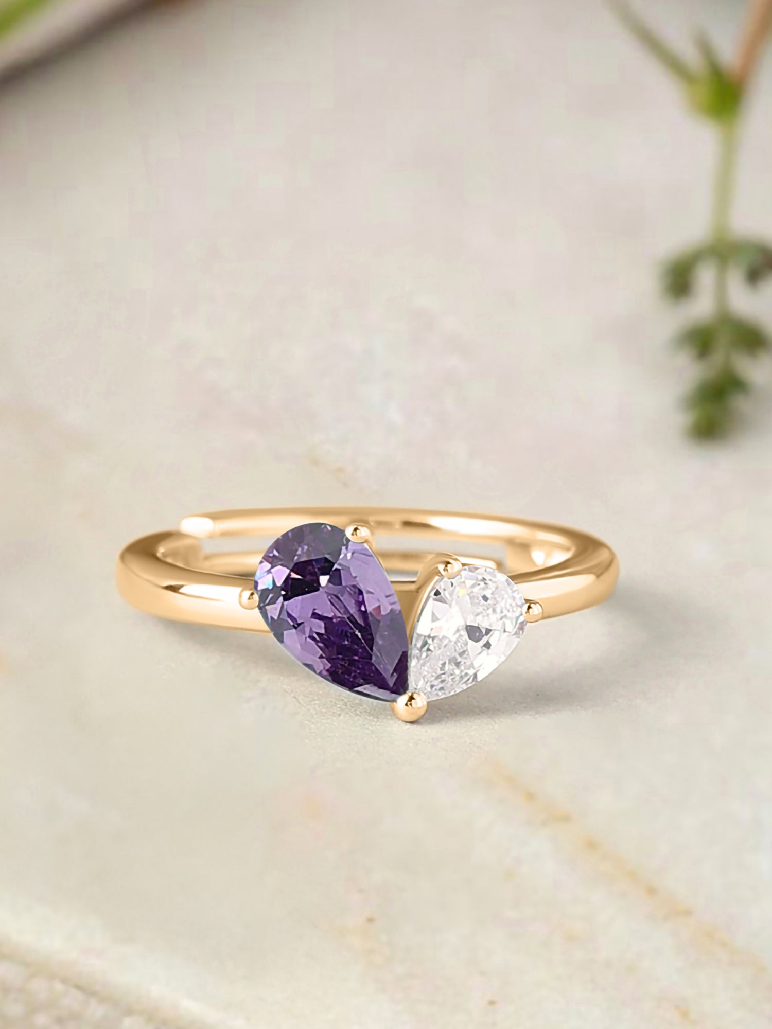 Pear Purple Amethyst Toi Et Moi Adjustable Yellow Gold Ring