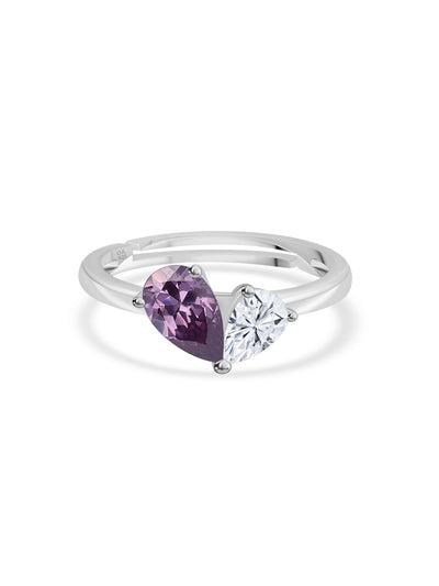 Pear Amethyst CZ Toi Et Moi Adjustable Silver Ring for Women