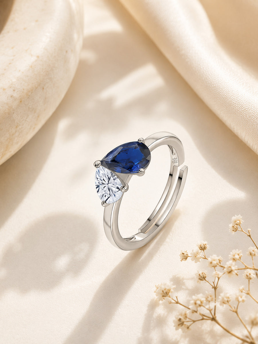 Pear Blue Sapphire CZ Toi Et Moi Adjustable Ring