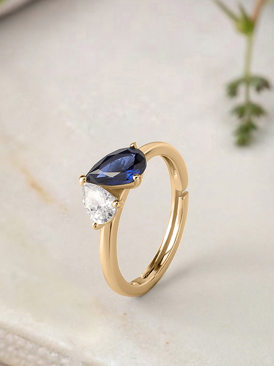 Pear Blue Sapphire Toi Et Moi Yellow Gold Adjustable Ring
